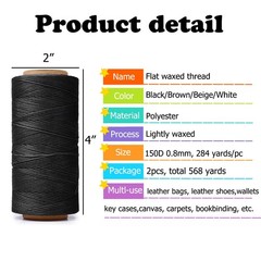 HILELIFE 568 Yards 2 PCS 150D 0.8mm Waxed Thread for Leather Sewing, black
