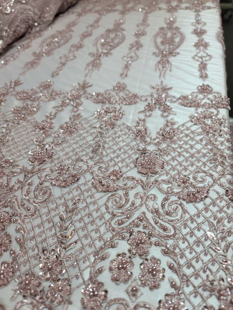 Fabric Sold By The Yard Dusty Rose Beaded Lace Floral Flowers Embroidery Mesh