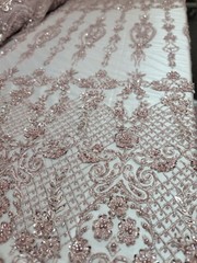 Fabric Sold By The Yard Dusty Rose Beaded Lace Floral Flowers Embroidery Mesh