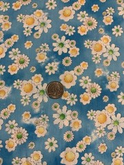 Daisy Floral Fabric By RED Original Designs White Yellow On Distressed Blue BTHY