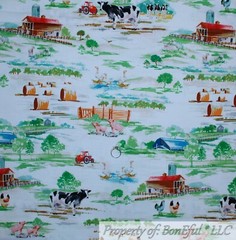 BonEful Fabric FQ Cotton Quilt B&W Cow Scenic Farm Animal Red Tractor Green Tree