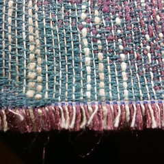 Cream Teal Burgundy 56″ x 38″ Handwoven Fabric Remnant 1 Yard Good Condition
