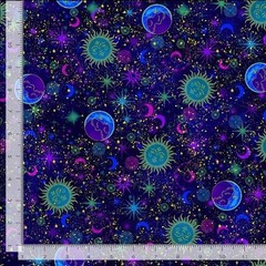 BTY TT Sun Moon Stars Celestial Galaxy Blue Print 100% Cotton Quilt Fabric Yard