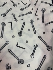 ⁠Sevenberry Japan Cotton Fabric 1 Yard White Tool Print Wrenches Hardware Craft