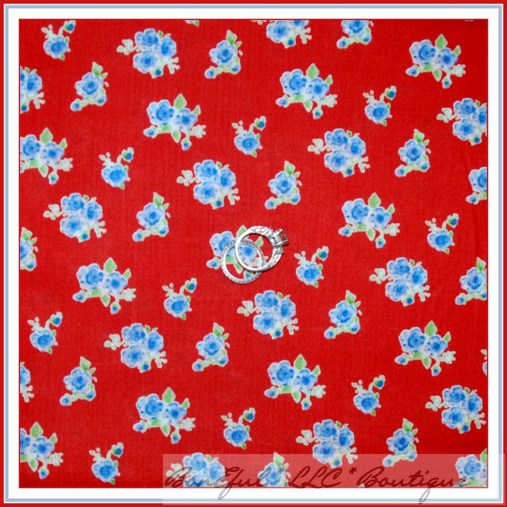 BonEful Fabric FQ Cotton Quilt Red Blue White Green Leaf Rambling Rose Flower US