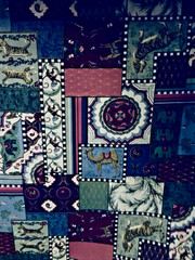 VTG Moroccan Patchwork Tiles w/Jungle Animals Gold Accents Cheater Quilt BTHY