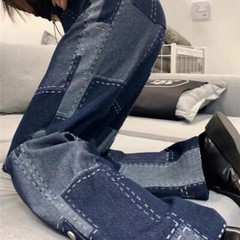 Vintage Washed Denim Fabric Rectangular Grid Splicing Fabric DIY Jacket Pants