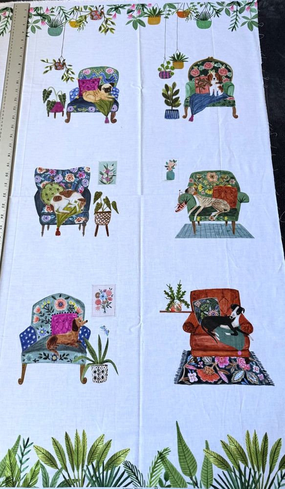 Dogs in Comfy Chair by Rebecca Jones for Clothworks cotton Panel 43×24 RARE