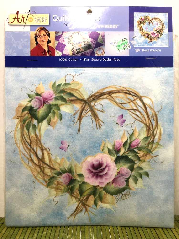 Pink Rose Wreath on Blue Sky Painted Fabric Dewberry 8-1/2″ Art to Sew Quilt Sq