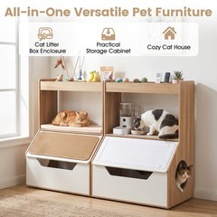 Modern Cat Litter Box Enclosure 3-in-1 Hidden Cat House Cabinet w/ 4 Cubbies