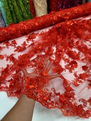 3d Red Floral Lace Fabric Sold By The Yard Embroidered Rhinestones 3d Lace Prom