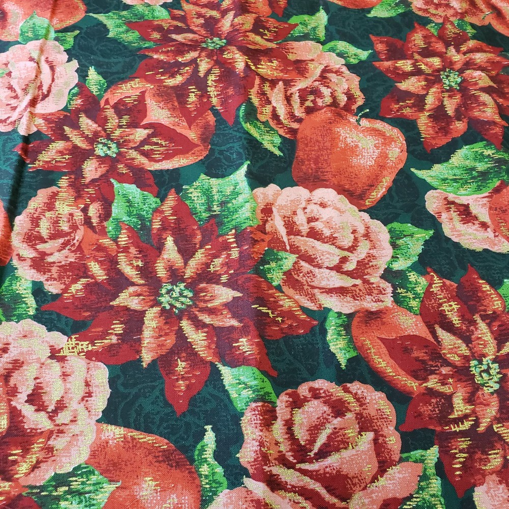 Christmas Floral Fruit Fabric Remnant 18×22 Poinsettia Rose Apple Green