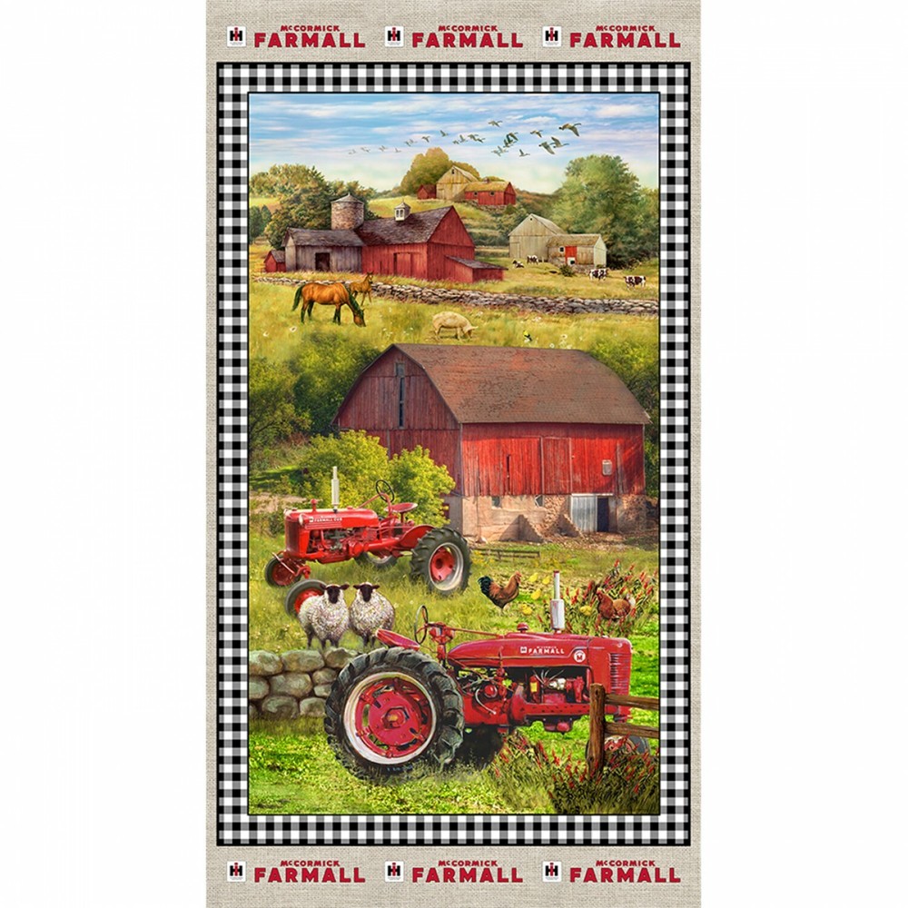 Farm Tractor Barn Scenic Fabric 24″ X44″ Panel Red Farmall Cotton by Sykel