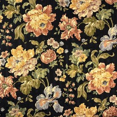 Vintage Mill Creek Floral Stripe BLACK Cotton Drapery Curtain Pillow Fabric BTY