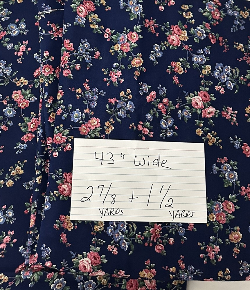 Vintage Small Print Navy With Flowers Multi Colored 2 Pieces 2 7/8 And 1 1/2 Yds