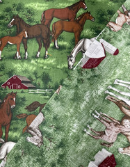 Cranston Horses Foal Barns Stables Ranch Green Quilting Cotton Fabric BTHY #59