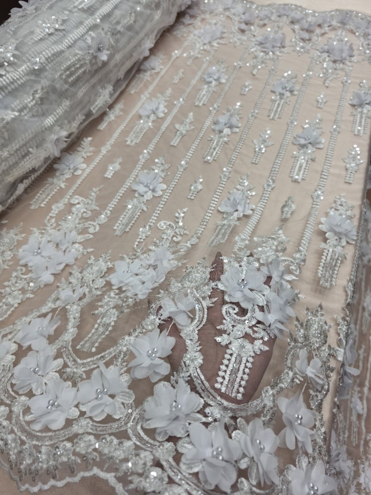 White 3d Lace Fabric Sold By The Yard Embroidery 3d Floral Beaded On Mesh