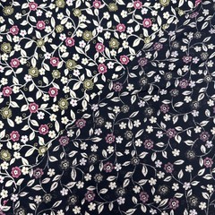 Pink White Green Floral Vines Black Rayon Fabric BTHY #61