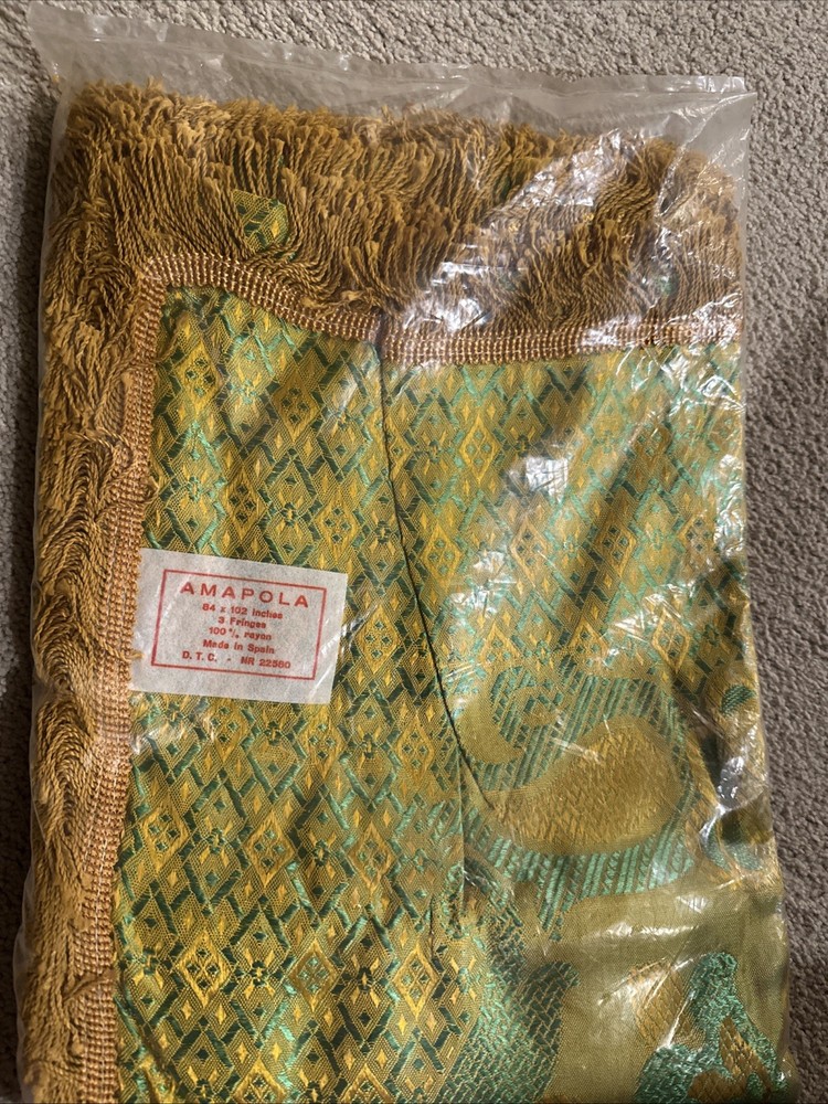 AMPOLA gold green printed vintage fabric 84 x 102 Table,Duvet,Saree Cloth NEW