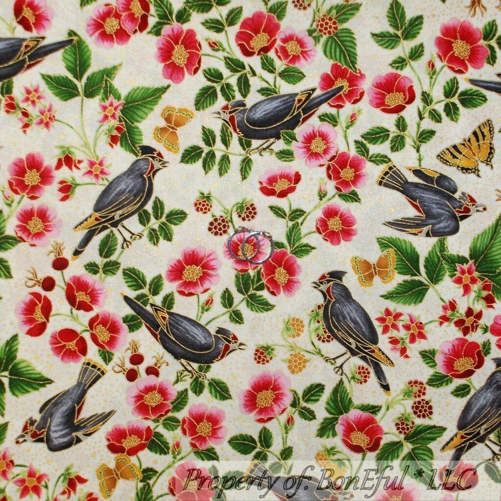 BonEful Fabric FQ Cotton Quilt Red Pink Gold Metallic Bird Rose Flower Butterfly