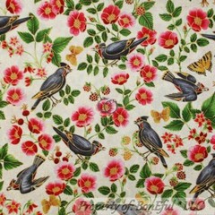 BonEful Fabric FQ Cotton Quilt Red Pink Gold Metallic Bird Rose Flower Butterfly