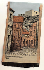 Vtg 7X14 LES BAUX Provence FRANCE Tisserand Silk Wall TAPESTRY FABRIC Hang PANEL