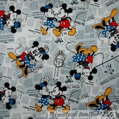 BonEful Fabric FQ Cotton Quilt B&W Red Dot Minnie Mickey Mouse Disney Newspaper