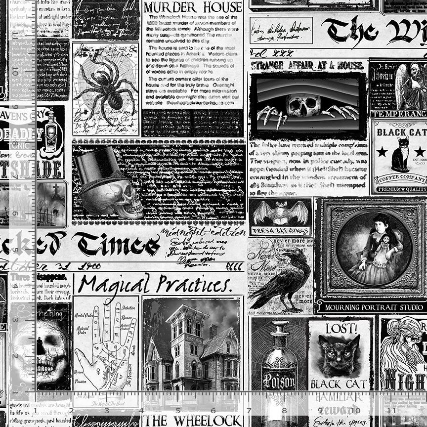 Halloween Fabric | Wicked Times Newspaper Black White | Timeless Treasures YARD