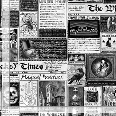 Halloween Fabric | Wicked Times Newspaper Black White | Timeless Treasures YARD