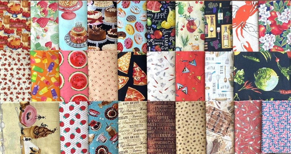I SPY Pastry Chef Food Drink Fat/ Long Quarter 1/2 Yard Quilt Fabric Bundle Lot