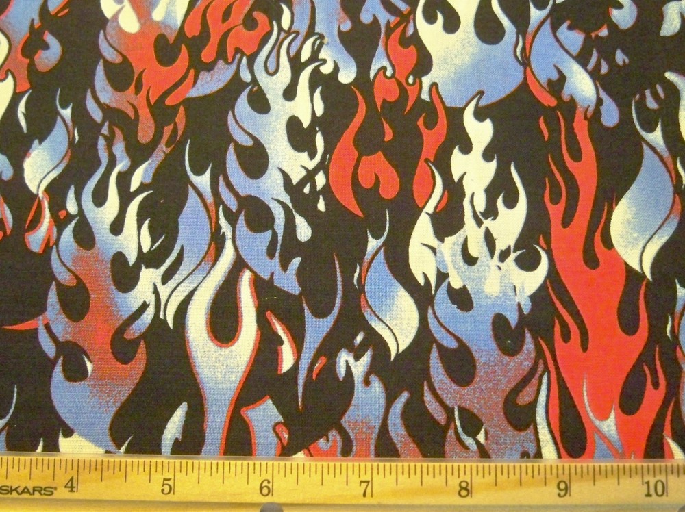 Headgear Flames Red White Blue on Black Cotton Fat Quarter