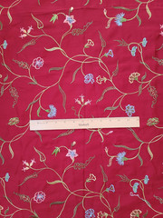 Floral Embroidered Dark Red Fabric 57×36 Remnant Stylized Flowers Lightweight