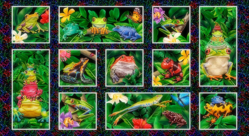 Frog Tropical Flower Fabric 23″ Panel 44″W Jewels of the Jungle Cotton Studio E