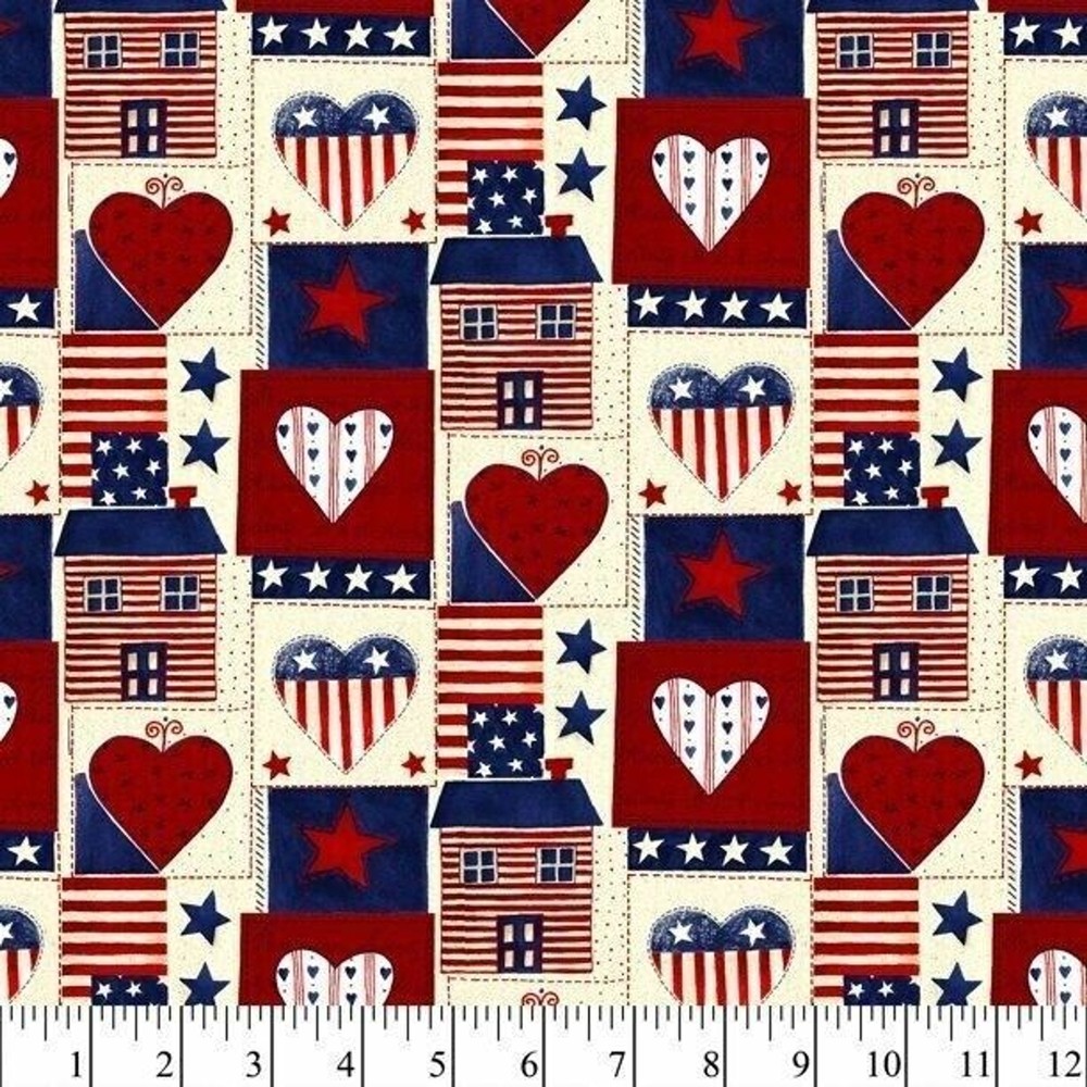 Patriotic Americana Heart House Patchwork Sewing Fabric Cotton 36 x 44-in Craft