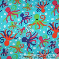 BonEful FABRIC FQ Cotton Quilt Aqua Blue White Octopus Fish Sea World Bubble Dot