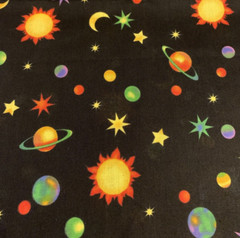 “Cosmos” Solar System Galaxy Fabric By R.E.D & Fabricland Vtg Black Yellow BTY
