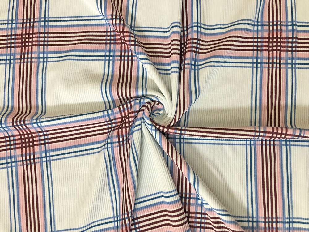 Rib Knit Ivory Plaid Denim Blue Burgundy 4 Way Stretch 60″W Yard-RBPR103