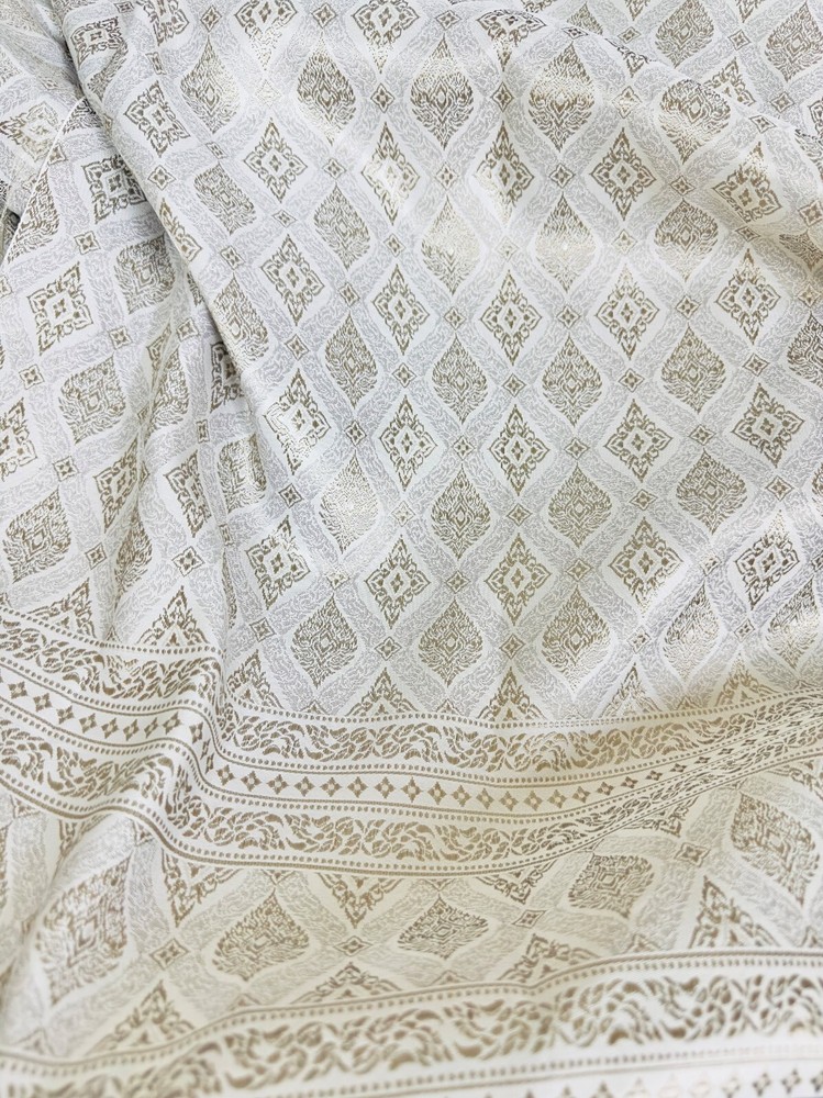 Thai Silk Damask Traditional Wedding Skirts Dresses Costume DIY Pale Gray & Gold