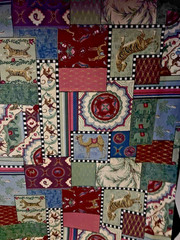VTG Moroccan Patchwork Tiles w/Jungle Animals Gold Accents Cheater Quilt BTHY