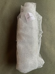 Lot Of 3 Fabric Pieces. Lace (35”x60”). Silver (40”x60”). Gray:White (13”x66”)