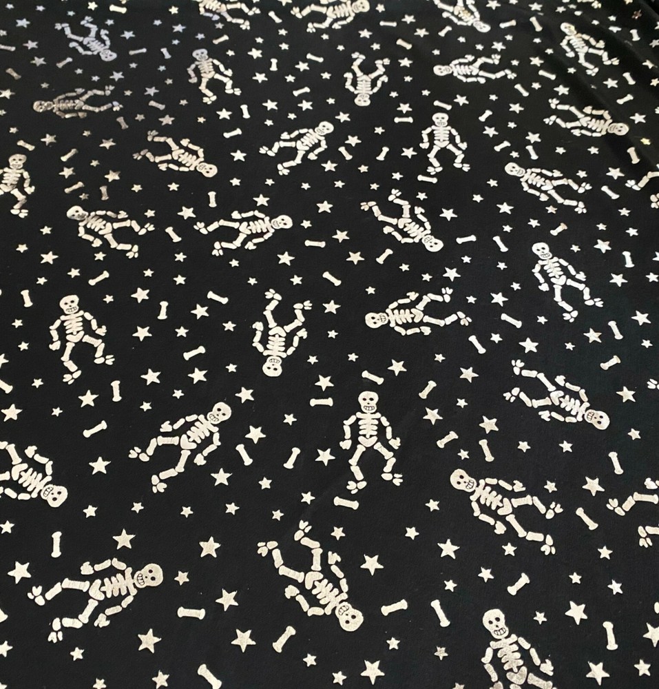 Halloween Fabric Skeletons Bones Stars on Black Silver Metallic Nylon Nice Drape