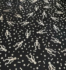 Halloween Fabric Skeletons Bones Stars on Black Silver Metallic Nylon Nice Drape