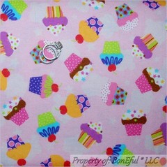 BonEful Fabric FQ Flannel Cotton Quilt VTG Pink Red Cherry Cup*cake New Birthday