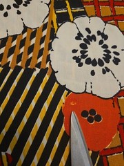 Vtg 70s Klopman Mills Fabric 44”x162” Black Red Orange Floral Hippy Boho Abstrac