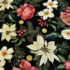 Celebration Holiday Christmas Floral Holly Rose Poinsettia Alexander Henry 1.5 Y