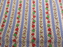Vtg Cotton Fabric Country RED Green APPLES Blue Check Stripe on White 1yd x 44