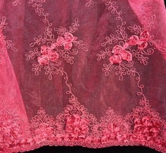 Dark Red Mesh Scalloped Lace French design embroidery Fabric W/ Mini 3D Flowers