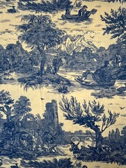 Fabric – RARE French Toile Country Pastoral Romantic Riverbank Sold BTY x 60″ W