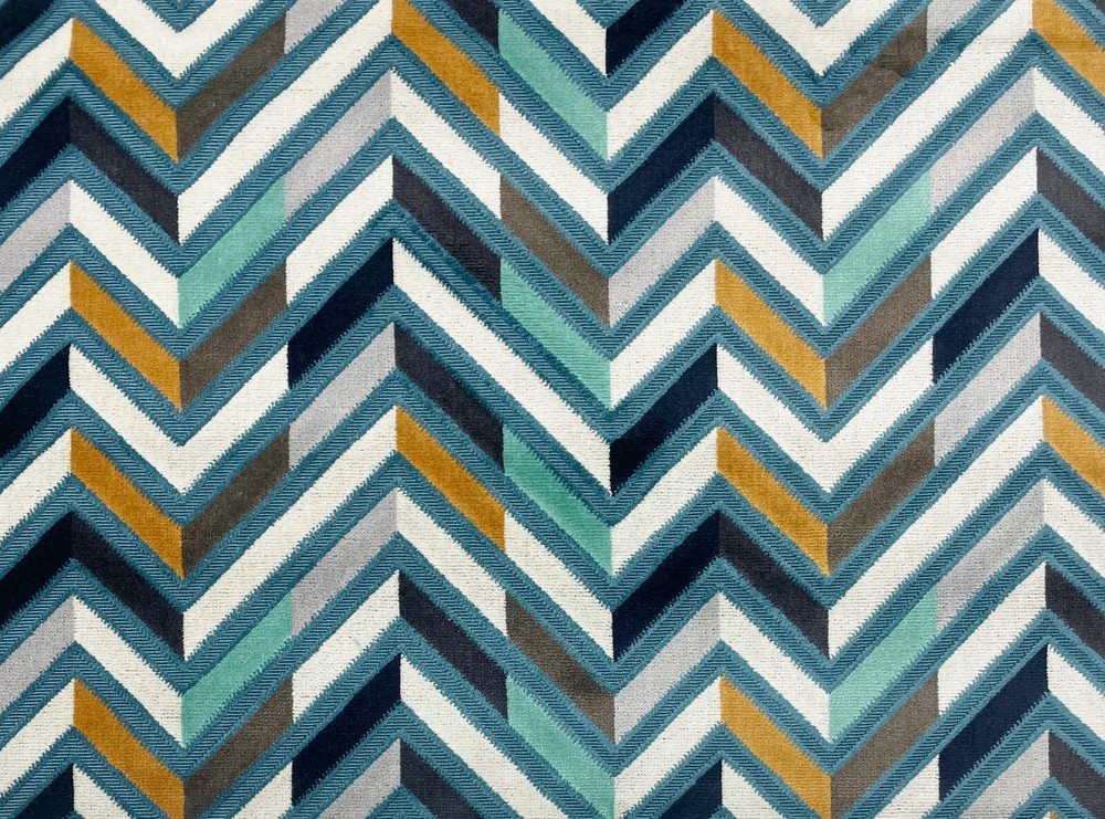 BRENTANO PANDORA ARACHNE CHEVRON VELVET GRAY AQUA CUSHION FABRIC 1.6 YARDS 50″W