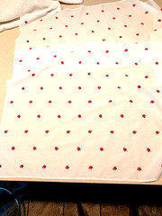 Adorable vintage machine embroidered small strawberries on sheer white cotton